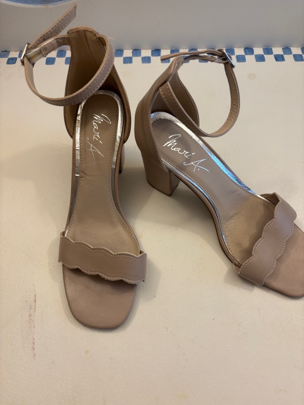 Mavi A. Scalloped Ankle-Strap Block Heel Sandals in Beige